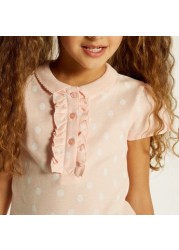 Juniors Polka Dot Print Polo T-shirt with Short Sleeves and Ruffle Detail