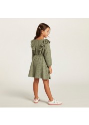 Love Earth Printed Organic Dress with Long Sleeves and Ruffle Detail