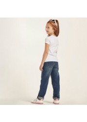 Juniors Solid Denim Pants with Pockets and Button Closure