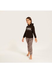 Juniors Hooded T-shirt and Full Length Printed Pyjama Set