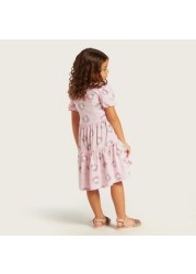 Hello Kitty Print Tiered A-line Dress with Round Neck and Short Sleeves