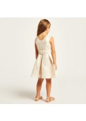 Textured Sleeveless Dress with Bow Applique Detail and Zip Closure