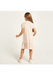 Juniors Striped Polo Dress with Flounce Hem and Short Sleeves