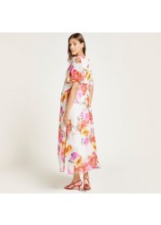 Love Mum Floral Print Maternity Maxi Dress with Short Sleeves