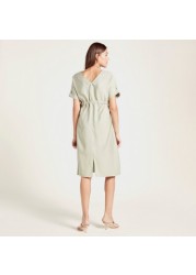 Love Mum Solid Twill Dress with Short Sleeves and Side Tie-Up