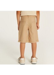 Juniors Solid Mid-Rise Shorts with Pockets and Button Closure