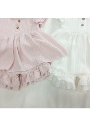 Fashion Baby Dress Clothes Set Newborn Cotton Waffle Princess Girls Top Flying Sleeves Buttons Ruffles A-Line Dress Shorts Set