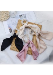 Fashion Women Pearl Hair Band Bandana Ropes Girl Bows Ponytail Scarf Ribbon Elastic Hair Accessories Scrunchie