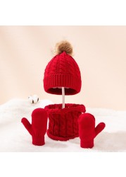 New Winter Hat Scarf Gloves Set For Kids 0-3 Years Boys Girls Children Cotton Warm Pom Poms Hat Sets Solid Color Cute Hat Scarf