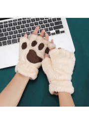 Cute Cat Paw Plush Fingerless Gloves Winter Warm Faux Fur Gloves Half Finger Gloves Lovely Bear Paw Gloves For Women Girls