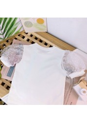 Fashion Summer Baby Girl Cotton T-Shirt Puff Sleeve Toddler Girl Pincess Lace Shirt Short Sleeve Round Neck Tee Solid Blouse