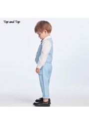 Best and top spring and autumn baby boy gentleman suit white shirt with bow tie striped jacket trousers 3pcs formal kids clothes set