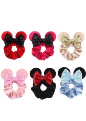 Little Girls Hair Band Kids Mickey Minnie Soft Hair Bow Children Sequin Velvet Ponytail Holders Baby No Damage Rubber Hair Tie