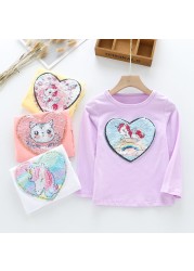 Long Sleeve Children Kids Girls T-shirt Unicorn Sequin Cotton Tops Tees Tops Fashion Girls Clothes