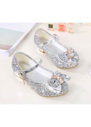 ULKNN-Girls Princess Leather Shoes Casual Floral Sequin High Heel Butterfly Bowknot Shoes Blue Pink Silver