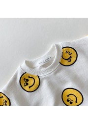 2021 Summer New Cotton Baby Clothes Set Boys and Girls Cute Smiley Print Tops + Shorts 2pcs Kids Children Clothing Suit