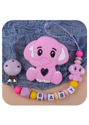 Customized Name Newborn Infant Baby Pacifier Clips Chain Elephant Silicone Beads Toy Teether Toy Doll Baby Holder Pacifier Chain