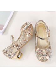 ULKNN-Children's leather shoes, casual high-heeled shoes with flowers and sequins, butterfly knot, blue, pink and silver, 2021