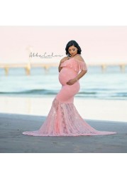 Elegant Maternity Dress Photography Maxi Maternity Dress Women Off Shoulder Spaghetti Strap Ruffles Mermaid Lace Gown Clothes