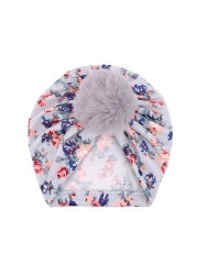 Cute Faux Fur Ball Baby Kids Turban Hat Floral Print Infant Headdress