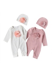 Newborn Baby Long Sleeve Romper 3D Floral Baby Onesie Jumpsuit Newborn Baby Clothes Set Hat Clothes Set