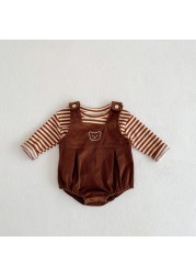 Baby Boys and Girls Clothes Long Sleeve Striped Top Bear Overalls Jumpsuit 2pcs Spring Newborn Baby Clothing Outfits