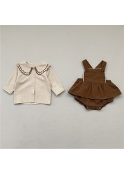 2pcs Baby Girls Clothing Sets Newborn Baby Girls Beige Doll Collar Long Sleeve Top Brown Jumpsuit Spring Baby Clothes