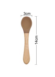 Wooden Feeding Handle Silicone Spoon For Baby Utensils Eat Soild Food Kids Training Ability Manipulation Children's Tableware