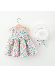 Summer Princess Toddler Girl Dress Floral Printed Newborn Infant Dresses Birthday Party Dress Hat Baby Girl Clothes