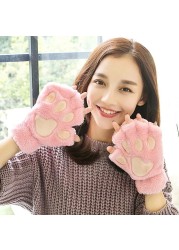 Cute Cat Paw Plush Fingerless Gloves Winter Warm Faux Fur Gloves Half Finger Gloves Lovely Bear Paw Gloves For Women Girls