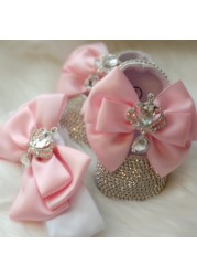 Dollbling Baroque Pink Rhinestones Baby Girl Shoes First Walker Headband Set Sparkle Crystals Princess Baby Shower Shoes SH3