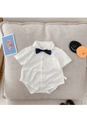 Summer 2022 Infant Boys Short Sleeve Bowtie Lapel Collar Gentleman Birthday Party Baby Bodysuits Rompers Toddler Outfits