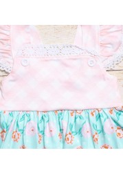 Summer Girl Clothes Rose Print Pattern Lace White Square Collar Sleeveless Tops and Pink Plaid Short Pants Baby Girls Outfits