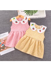 Summer Toddler Girls Sweet Dress 2021 New Casual Fashion Kids Plaid Skirt Baby Peter Pan Collar with Fruit Printed Clothing