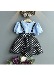 Summer 2022 Girl Suspender Set New Fashion Short Sleeve Polka Dot Girls Clothes College Elegant Set Kids Clothes