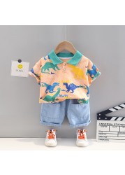 Baby Boy Kids Clothes Fashion Summer Lapel Cartoon Cute Short Sleeve Sports Shorts 2 Pieces Set 1 2 3 4 5 Years