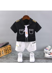 New Summer Baby Boys Handsome Captain Clothing Sets Baby Girls Print Cotton T-shirt + Shorts 2pcs Sets Kids Infant Clothes