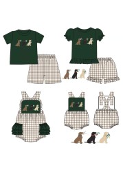 Clothing Sets For Baby Girl Cute Dark Green Three Dog Floral T-shirt Coffee Lattice Casual Sports Pants Kids Outfits For Summer