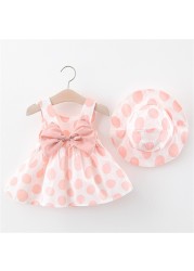 Cute Girls Dress New Summer Baby Boy Dresses Cute Sleeveless Bowknot Baby Dress Girls Dot Print Princess Dress Hat Set