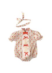 2022 Summer Retro Clothes for Newborn Baby Girls Cotton Floral Print Jumpsuit Infant Baby Clothes with Headband