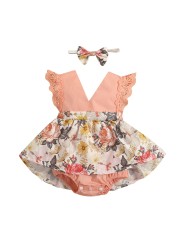 Ma & Baby 0-24M Newborn Infant Baby Girl Romper V-Neck Lace Floral Jumpsuit Playsuit Summer Clothes Overalls Costumes D01