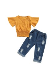 Ma & Baby 1-6Y Baby Boy Girls Clothes Set Ruffle Button V-Neck Denim Tops Pants Outfits Costumes D01