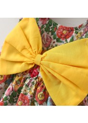 Baby Girls Dresses Vintage Floral Print Bow Princess Dress with Hat 2022 Summer Children 0-2 Years Kids Dress Girls Clothes