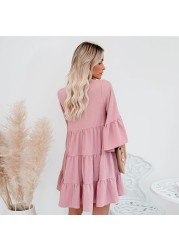 2022 Summer Clothes Pregnant Women Sweet Short Flare Sleeve V-neck High Waist Maternity Chiffon Dress Korean Style A-Line