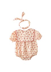 Baby Girl Summer Clothes Bow Print Crew Neck Cotton Short Sleeved Bodysuit Outfits Hair Band