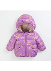 Cartoon Dinosaur Flower Print Hooded Cotton Down Jacket Baby Winter Cartoon Windproof Coat Hooded Warm Outerwear Jacket Freeship