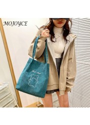 Retro female shoulder bag creative bear print design casual corduroy shoulder bag women large capacity bags