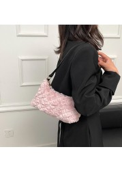 Women Fashion Plush Faux Fur Bag Diamond Lattice Shoulder Bag Autumn Winter Zipper Cloud Pure Color Brand Designer Handbags