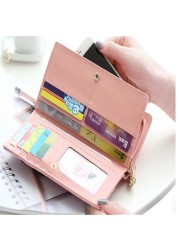 Women's Long Leather Wallet Card Holder Wallet With Cute Cat Pendant Cell Phone Pocket Wallet