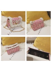 Korean Style Women Woolen Cross Body Handbags Cute Girls Princess Purses And Handbags Baby Pearl Clutch Purse